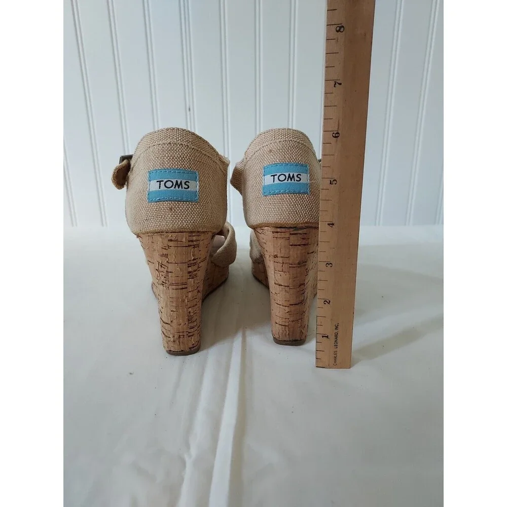 Toms Women's Size 7.5 Sierra Natural Canvas Cork Strappy‎ Wedges Sandals